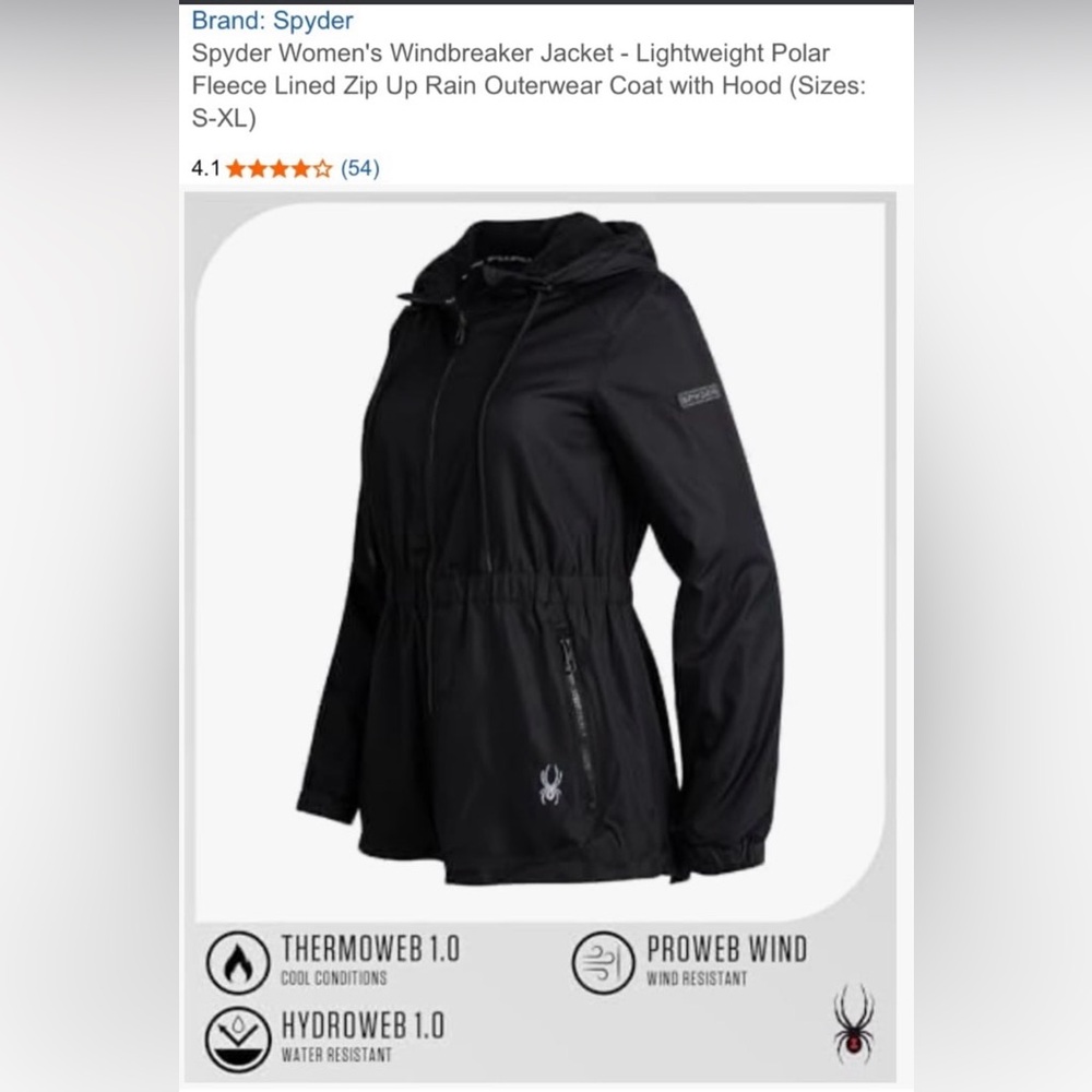 Women's Spyder Windbreaker Fleece Lined Zip Up Rain Jacket Black Coat Large L